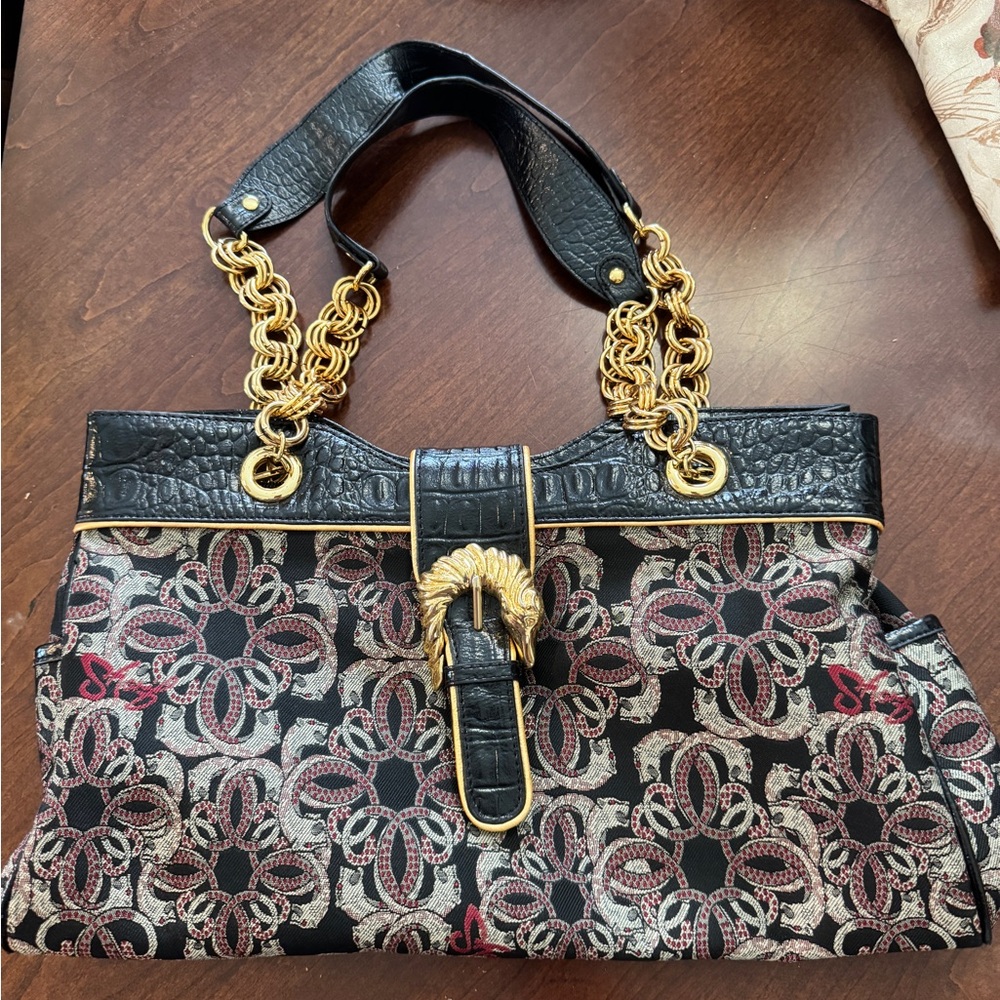 Vintage Sharif 1827 Black & Red Snake Design w/ Black & Gold Detail Handbag
